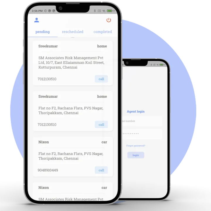 Screens from the ADGI KYC app: an agent login, and a visit list split into pending, rescheduled and completed.
