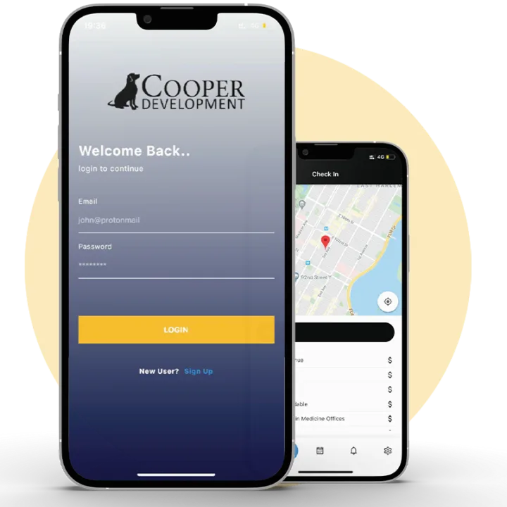 A phone screen from the Cooper Development app, used to check in on site and log time and expenses against a project.