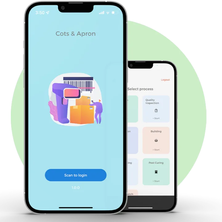 Phone screens from the Cots & Apron internal process tool.