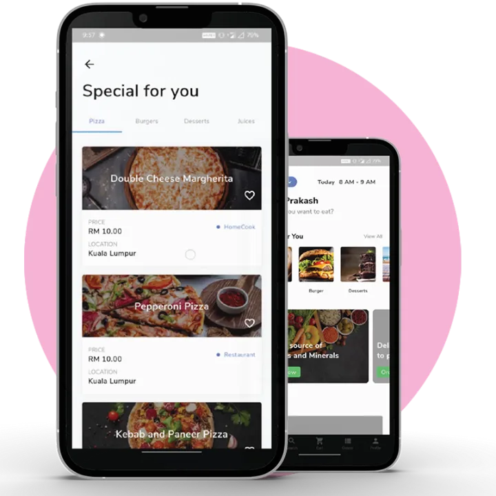 A phone screen from Jom Order, showing food listed from home cooks and chefs nearby.