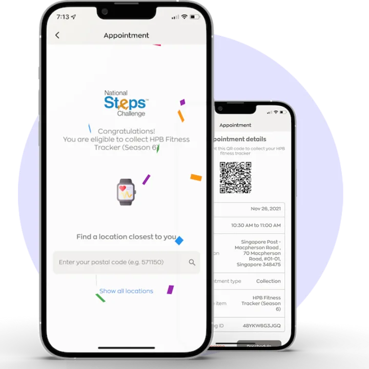 Two phone screens from the National Steps Challenge app: an eligibility and location search screen, and an appointment detail screen with a collection QR code.