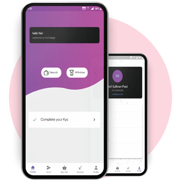 A phone screen from Rixchange, the bitcoin wallet and marketplace, showing the buy and sell surface.