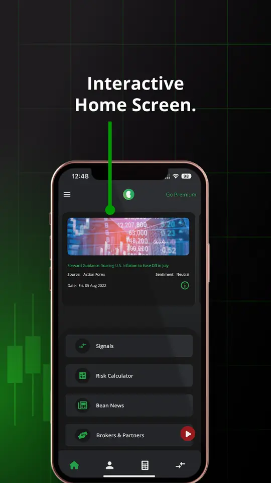 The home screen: market news above shortcuts to signals, the risk calculator, Bean News and brokers.