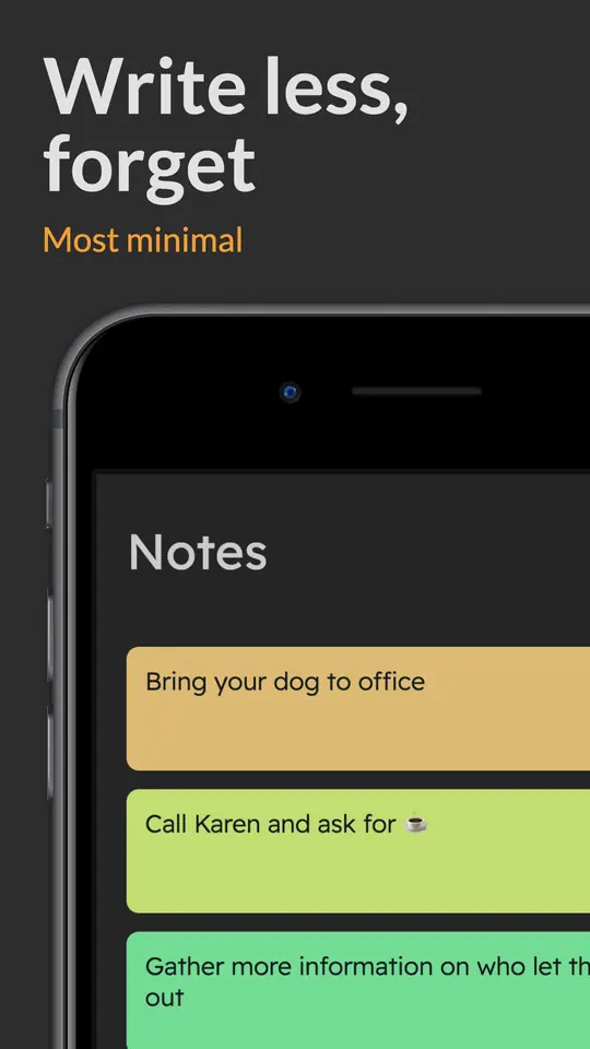 Write less, forget: the notes list, each note on its own coloured card.