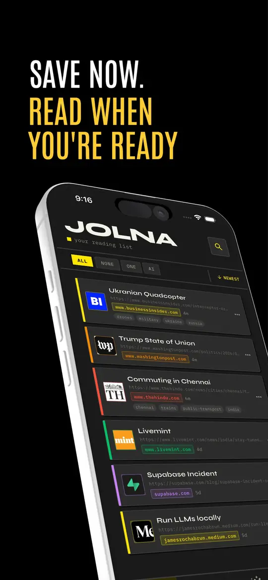 Save now, read when you are ready: the Jolna reading list, with saved articles from several publications.