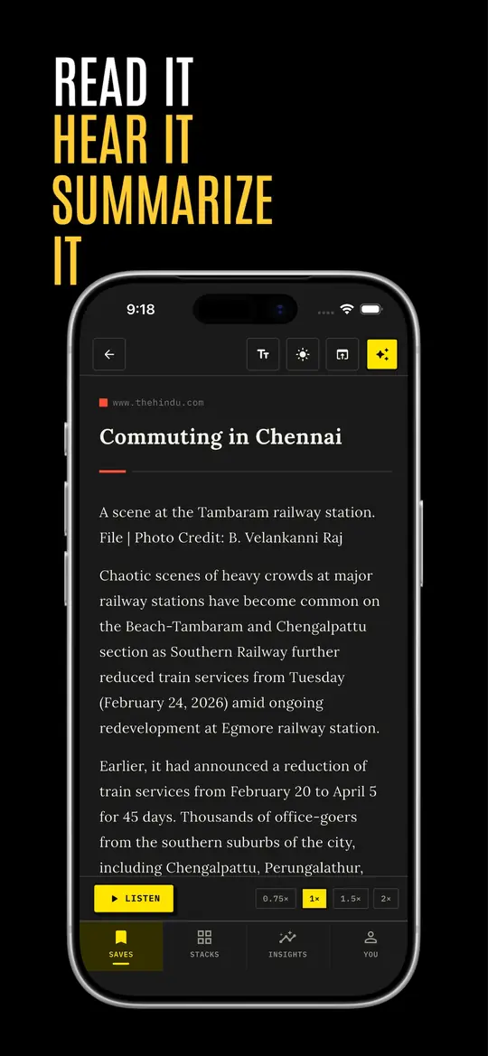 Read it, hear it, summarize it: an article open in the reader, with a listen bar and playback speeds from 0.75x to 2x.