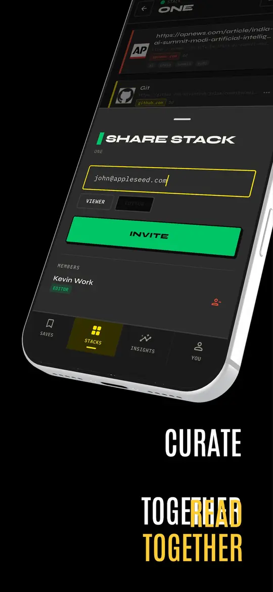Curate together: the share sheet for inviting somebody into a Stack by email.