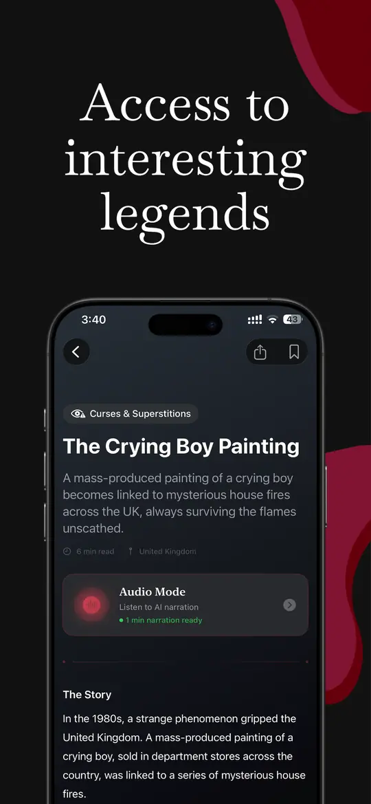 The story page for The Crying Boy Painting, filed under Curses and Superstitions, with its read time, country of origin and a narration ready to play.