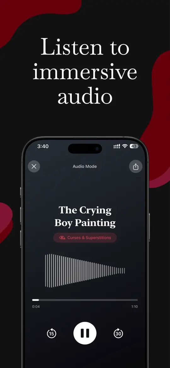 Audio mode playing the same legend, with a waveform scrubber and skip controls.