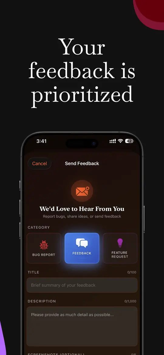 The feedback form, with categories for bug reports, feedback and feature requests.