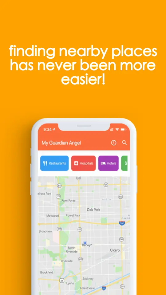 The home map, with one tap category filters for restaurants, hospitals and hotels.