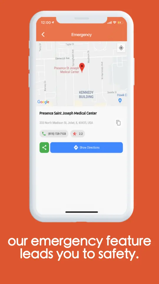 The emergency screen: a medical centre pinned on the map, with its address, phone number, rating and directions.