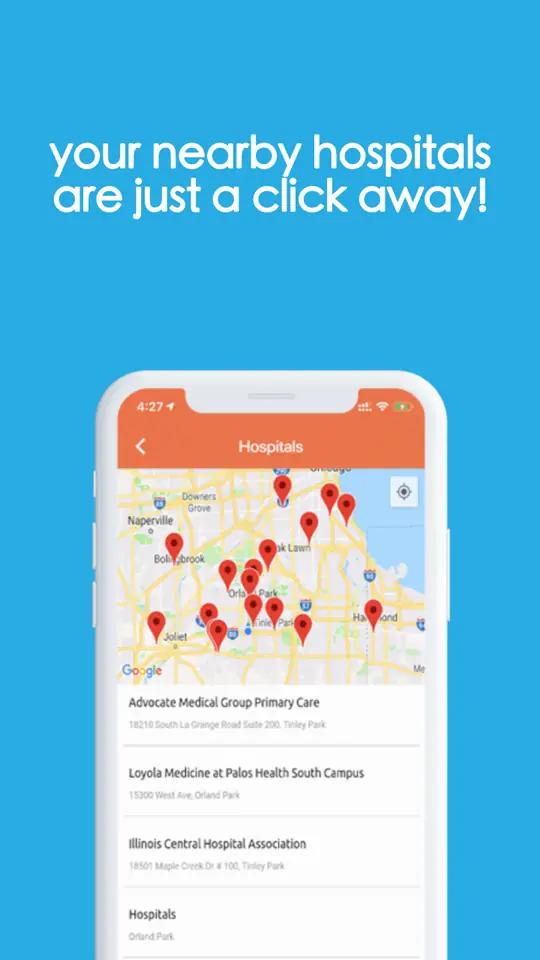 Nearby hospitals as map pins across Chicago, listed by proximity underneath.