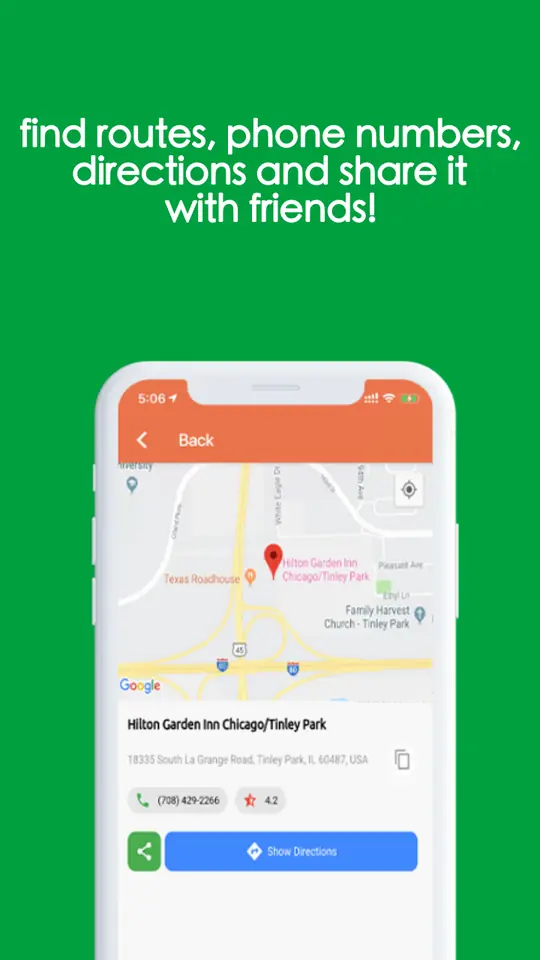 A hotel’s detail card, with directions, its phone number and a share control.